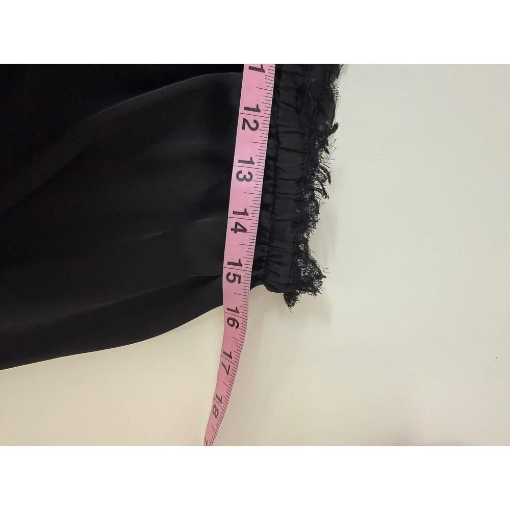 Free People Pajama Set S Black Satin Eyelash Lace Trim Long Sleeve Wide Leg PJ